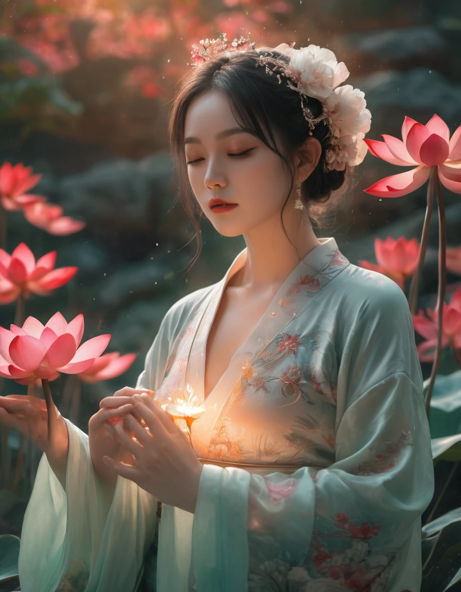 Full-body photo of a courtesan in lotus position,Praying with palms together、Anatomically correct,born, Cinematic shots, (Sharp focus:1.5), (Realistic:1.4), dusk lighting, Volumetric lighting, Ultra-high resolution, 16K,Dramatic lighting, Abstract background:1.5)(Tangleた,Datura stramonium,Holding a heart light in your hand、Tangle,Intertwined:0.7)witch,Red kimono, Foxfire spells, conversion, Depth of written boundary, A fantastic atmosphere, The most beautiful form of chaos, Elegance, Fauvist Design Dark Theme, flowers of death, flowers of ecstasy,Glowing Lines,Glow Example,Tracking example,flash, Backlight,translucent,Particles of light,hill,exit