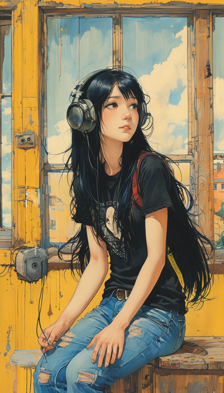 A detailed anime-style illustration of an emo angel girl with long black hair, sitting in the edge of the window. She is wearing a black t-shirt and jeans, with a listless expression, wearing headset. The background features various notes, tools, and a bright yellow wall with a blue sky visible through a window, creating a vibrant and eclectic atmosphere.