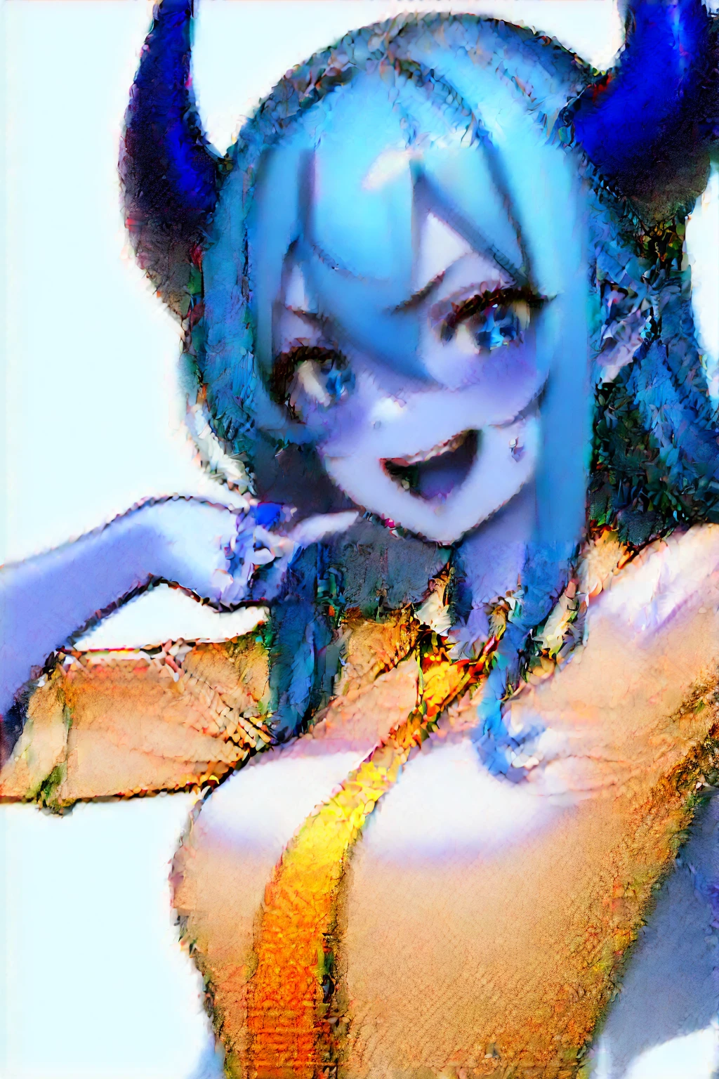 1girl, blonde_hair, yellow_eyes, 1girl, blonde_hair, yellow_eyes, a hot girl with bright red horns posing in a white shirt and blue tie, 1girl, solo, horns, breasts, shirt, cross-shaped pupils, sharp teeth, teeth, smile, ((white background, simple background)), long hair, hair between eyes, white shirt,sneakers, , looking at viewer, symbol-shaped pupils, blue jacket, open clothes, jacket, pink hair, red horns, grin, collared shirt, black pants, upper body,unbuttoned shirt ,from above, ((full body)),lace bra ,masterpiece