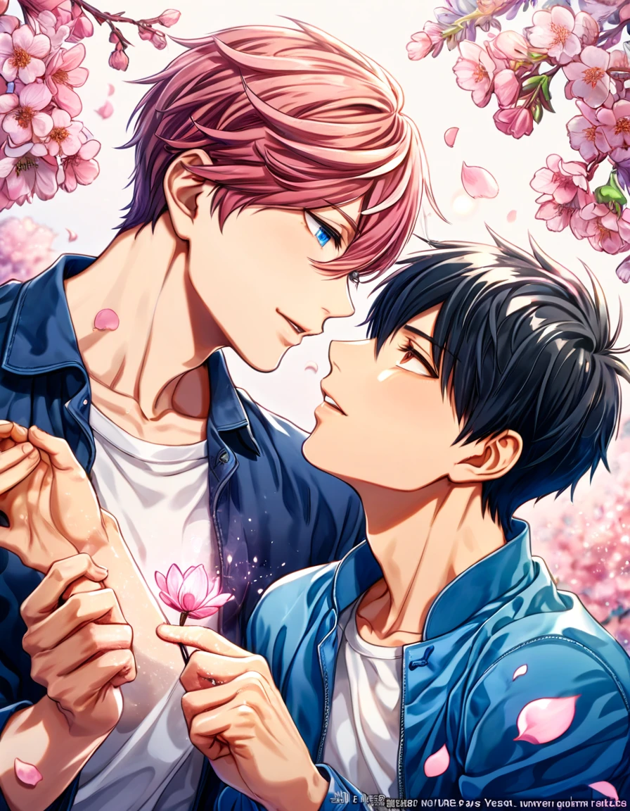 absurdres, highres, ultra detailed, HDR, master piece, Uenoyama Ritsuka, black hair, expressive blue eyes, Sato Mafuyu, brown-pink hair, expressive brown eyes, white shirt, blue jacket, Given, two sexy man together, gay couple, yaoi, handsome, best quality, blossoms, pink petals, pink flowers, fantasy, magical, blue shining fireflies, solo, love