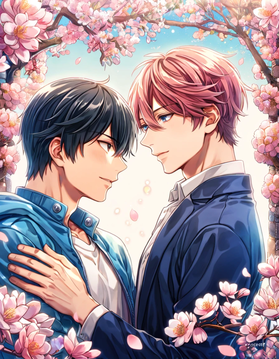 absurdres, highres, ultra detailed, HDR, master piece, Uenoyama Ritsuka, black hair, expressive blue eyes, Sato Mafuyu, brown-pink hair, expressive brown eyes, white shirt, blue jacket, Given, two sexy man together, gay couple, yaoi, handsome, best quality, blossoms, pink petals, pink flowers, fantasy, magical, blue shining fireflies, solo, love