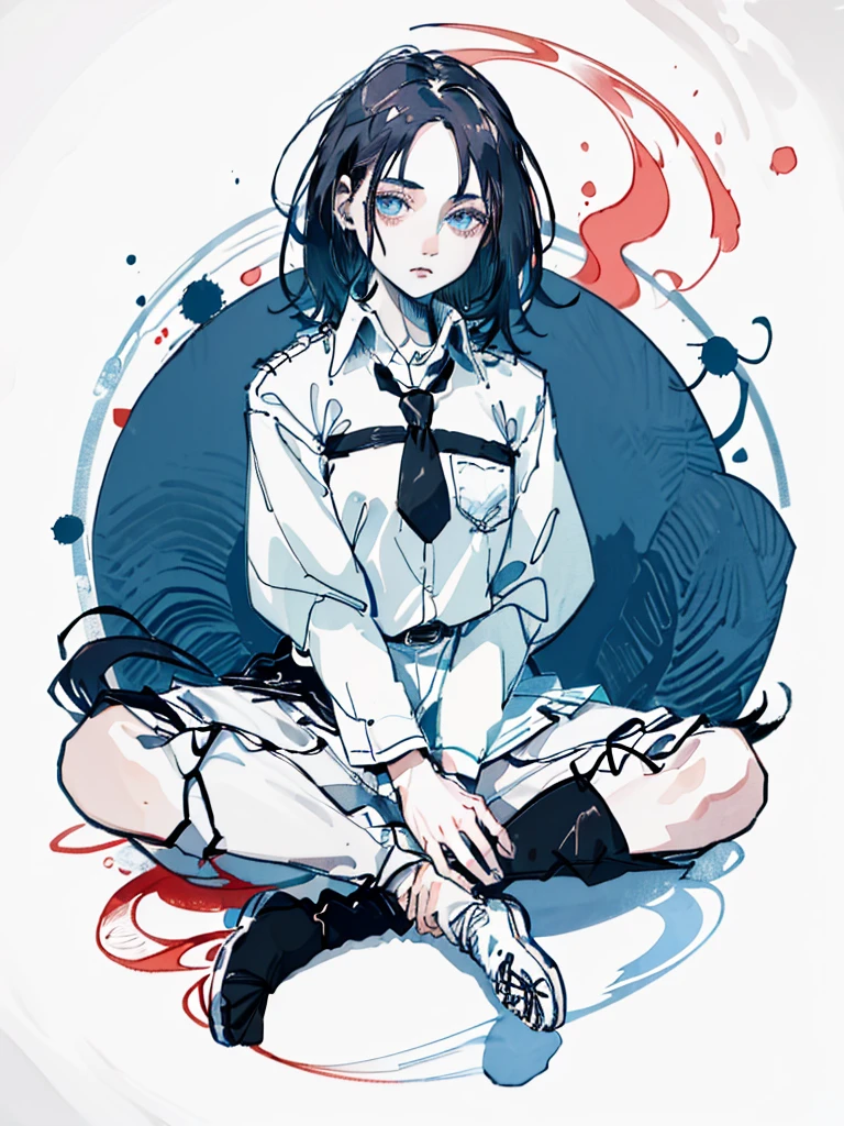 ((body)) skinny, short, pale, freckles on the face, 18 years old ((hair)) long black hair, messy, ((eyes)) green eyes, ((outfit)) school Japanese women's , tie, knitted shoe covers, black cotton fingerless gloves, black boots