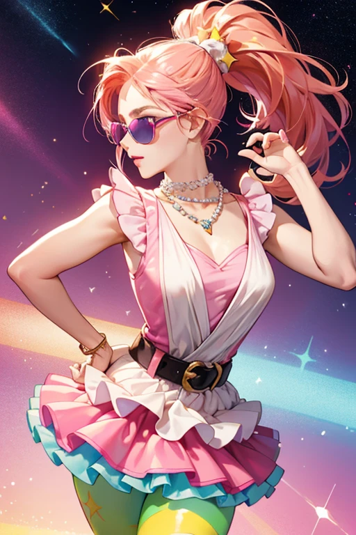 She has light brown skin and fuchsia lipstick with fain pink blush. Her blue eyes are hidden behind large white sunglasses with pink lenses. Her orange hair is pulled back into a high ponytail, with her fuchsia bangs left loose at the middle of her forehead. Her hair is metallic and her bangs are coated in glitter. She wears pink sunglasses with yellow lens and a chain across the top. On each cheek is a yellow star and glitter. She wears a glittering fuchsia sleeveless top with a layered pearl necklace and a two layered glittery tutu of turquoise and chartreuse, worn with a metallic orange belt. Her pale yellow and black shiny shoes are worn with metallic split tights, one leg is pink, the other blue. SPARKLE; GLITTER