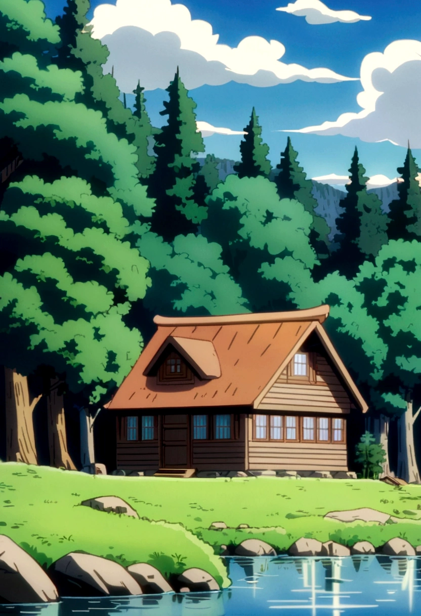A small cabin by a lake in a lush forest, Anime Style, Vintage