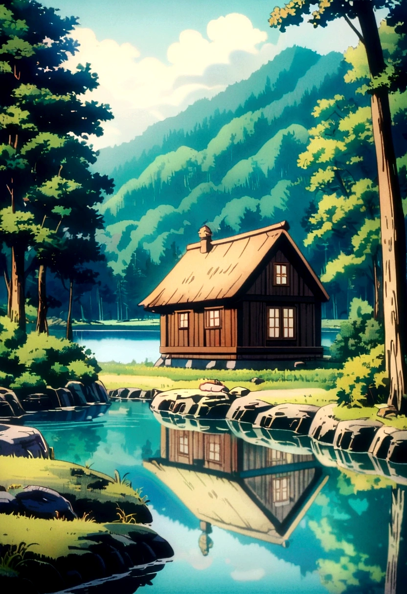 A small cabin by a lake in a lush forest, Anime Style, Vintage