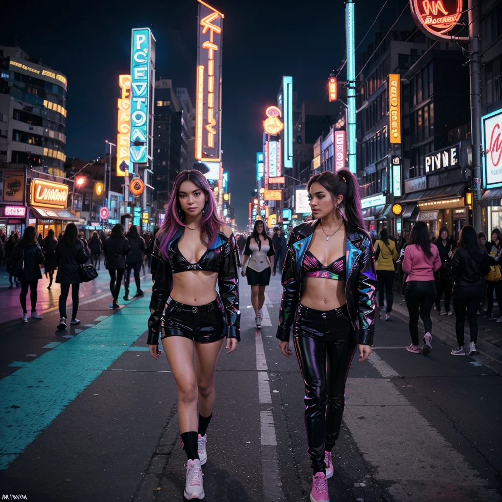 "Create a vibrant and dynamic album cover for 'Infinite Vibes,' a pop music album. The scene should depict a lively, futuristic cityscape at night, illuminated by colorful neon lights. The city is alive with energy, featuring holographic advertisements, sleek modern buildings, and people enjoying the nightlife. In the foreground, a young, stylish musician stands confidently with a microphone, their outfit reflecting the vibrant colors of the city. The atmosphere is electric, capturing the essence of endless possibilities and the pulsating rhythm of pop music."