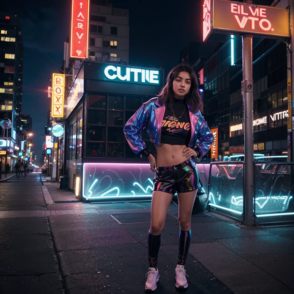 "Create a vibrant and dynamic album cover for 'Infinite Vibes,' a pop music album. The scene should depict a lively, futuristic cityscape at night, illuminated by colorful neon lights. The city is alive with energy, featuring holographic advertisements, sleek modern buildings, and people enjoying the nightlife. In the foreground, a young, stylish musician stands confidently with a microphone, their outfit reflecting the vibrant colors of the city. The atmosphere is electric, capturing the essence of endless possibilities and the pulsating rhythm of pop music."