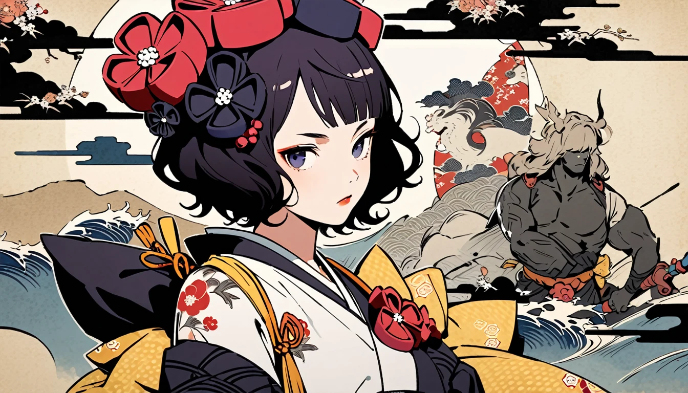 Katsushika Hokusai, Ink Painting, peony, flower tattoo on shoulder, Girl, Black short hair, Delicate and precise, Thor, Modern ukiyo-e style,