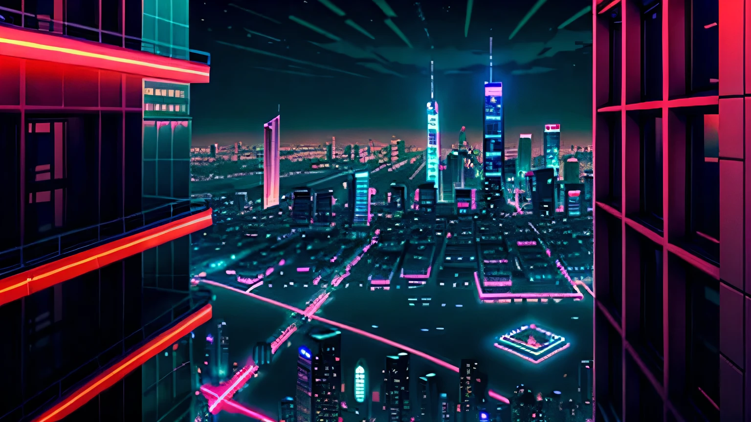 city view, cyberpunk city, night, neon, red blue and pink, skyscrapers, alleyway