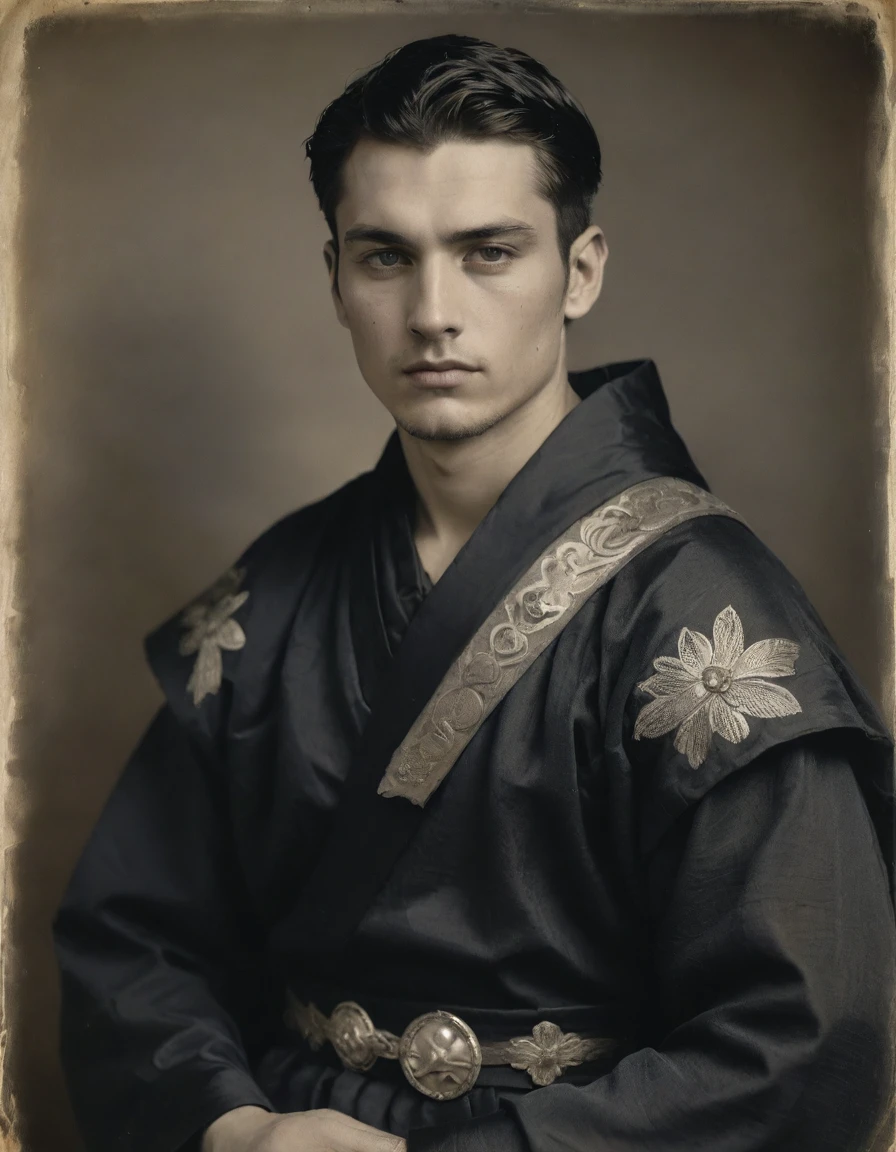 {{Masterpiece, best quality}}, ((((Rough monochrome, daguerreotype on old paper))), the composition is: ((((((a young male Roman nobleman, arrogant, pensive, facing viewer, tattoos, face tattoos. He is wearing a black silken robe with ronin elements, sashes, medals, and pendants of diamond shape symbology and moth symbology)))))), (jungle background, moths.)