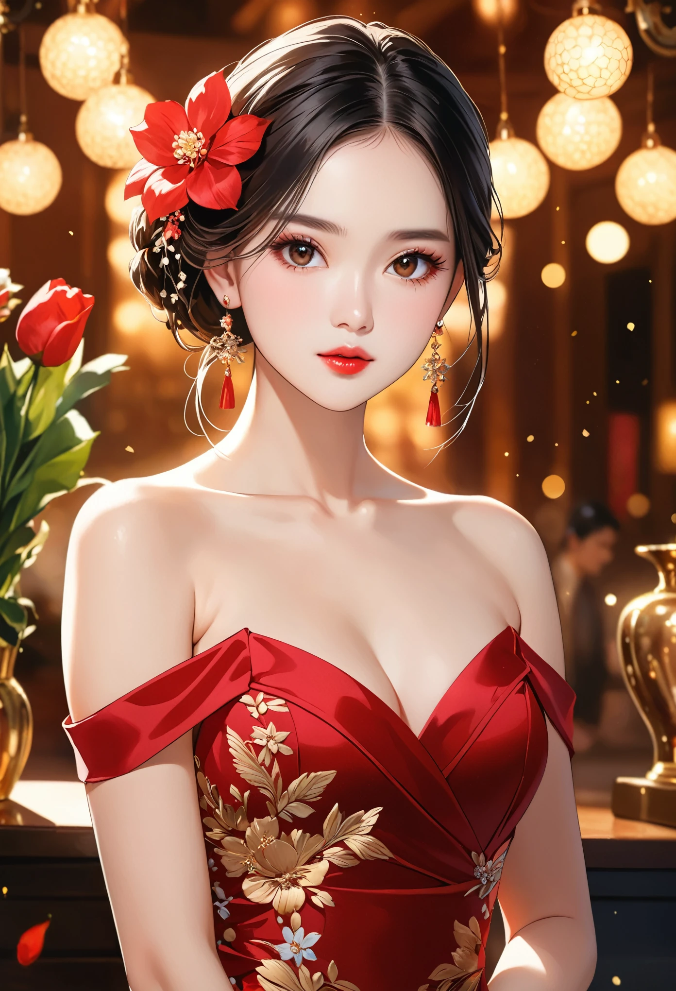 1girl, 独奏, long hair, black hair, hair ornament, dress, bare shoulders, jewelry, collarbone, upper body, flower, earrings, indoors, hair flower, black eyes, lips, red dress, realistic, red lips,(Best of quality at best,4K,8K,high resolution,tmasterpiece:1.2),Extremely detailed,(current,currentally,currentally:1.37),Perfect of female gender body,Slim waist,Detail fingers,Slender legs,frown,Face red,Tension,Gender,Beauty of_Face, Photos of Fabao Deshi, tmasterpiece, RAW photos, Studio light, Best of quality, (Detailed Faces, Refined skin texture, Extremely detailed),current,(8K, RAW photo, Best of quality, masterpiece:1.2), (photocurrent, current:1.4), (200mm Sigma f/1.2 Zeiss lenses, f1.2, 1/200s, ISO 100, photograpy:1.4), (professional Lighting, Light, soft Lighting, Bright:1.2), Exquisite, Extremely detailed, Beauty of, extremely detailed eyes and Face,,depth_of_Place,Sports_Blur of,bokeh,photo_(Medium),photo_background,photocurrent, floral pattern, Bright skin, Fascinating Light, decorate, Natural Light, shallow depth of Place, Romantic environment, Dreamy soft tones, Peculiar details, Photographed in,
