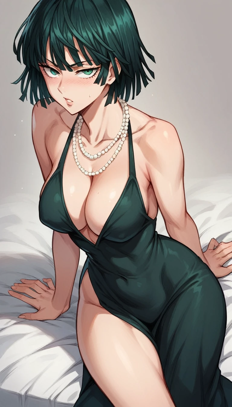 rating_explicit, fubuki from one punch man, black dress, cleavage, necklaces