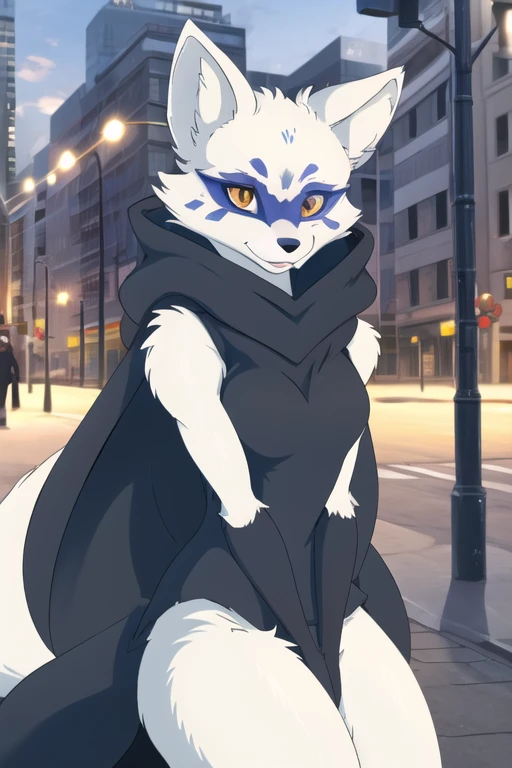 Alopex, arctic fox, furry, blue marks face, tmnt, smile, orange eyes, girl1, solo, city, black cloak, best quality, masterpiece