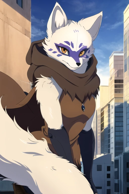 Alopex, arctic fox, furry, blue marks face, tmnt, smile, orange eyes, girl1, solo, city, brown cloak, best quality, masterpiece
