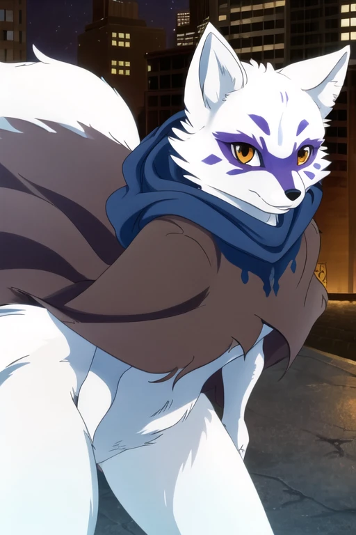 Alopex, arctic fox, furry, blue marks face, tmnt, smile, orange eyes, girl1, solo, city, brown cloak, best quality, masterpiece 