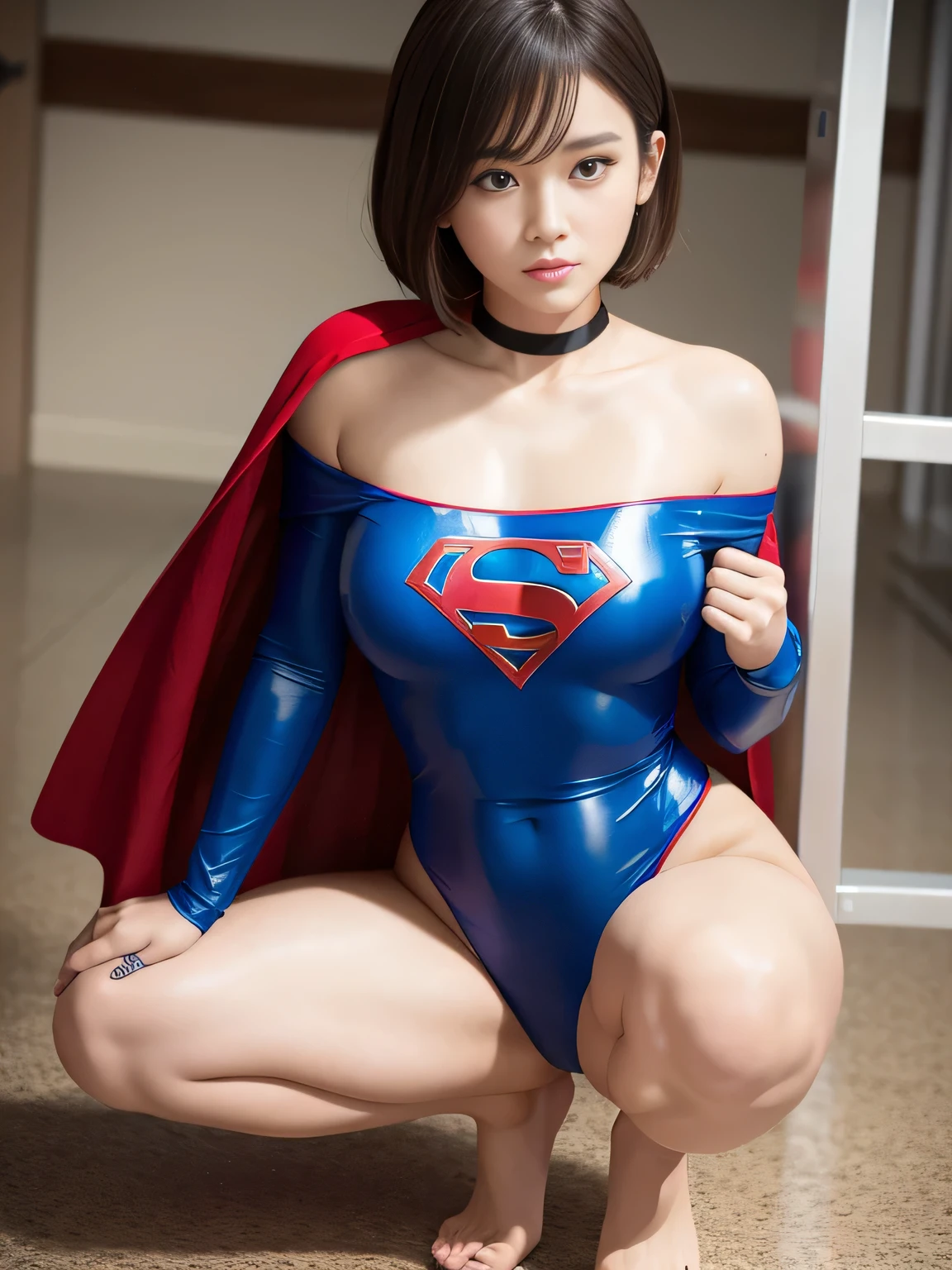 masterpiece、Supergirl Costume、short hair、barefoot、Big and ample breasts、Crisis situation、Complete surrender、Inside the prison、torture chamber、Abused、Humiliating torture、Squatting Pose、shiny sweaty skin、looking at the camera、choker、Long sleeve、Sexy poses to seduce、Off the shoulder、latex、from right in front、Crotch tearing、athlete、Racing Bloomers、Red Cape、Beautiful legs appeal、Weekly magazine cover、