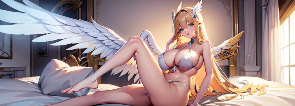 最high quality, high quality, 8K、High resolution,Highest quality、solo、Blonde hair and blue eyes、Plump、Wearing a white bikini、An adult female angel with large white wings growing from her back.、Lying on the bed with legs closed、Open Mouth Smile、tall、Very long legs、barefoot