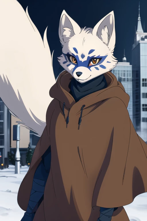 Alopex, arctic fox, furry, blue marks face, tmnt, smile, orange eyes, girl1, solo, city, brown cloak, black bandage, best quality, masterpiece