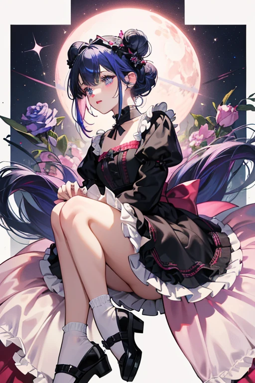 Midnight has fair skin with pink blushed cheeks and wine red lipstick. Her eyes are pale blue. She has indigo hair worn in buns held by a braid around the base. Her bangs are left loose, beneath a black headband adorned by five black roses. She wears a black and white frilly dress with tiny bows going down the middle and a trim of layered frills around the bottom. This is worn with frilly white socks and black shoes with a tiny bow on the toe. SPARKLE; GLITTER