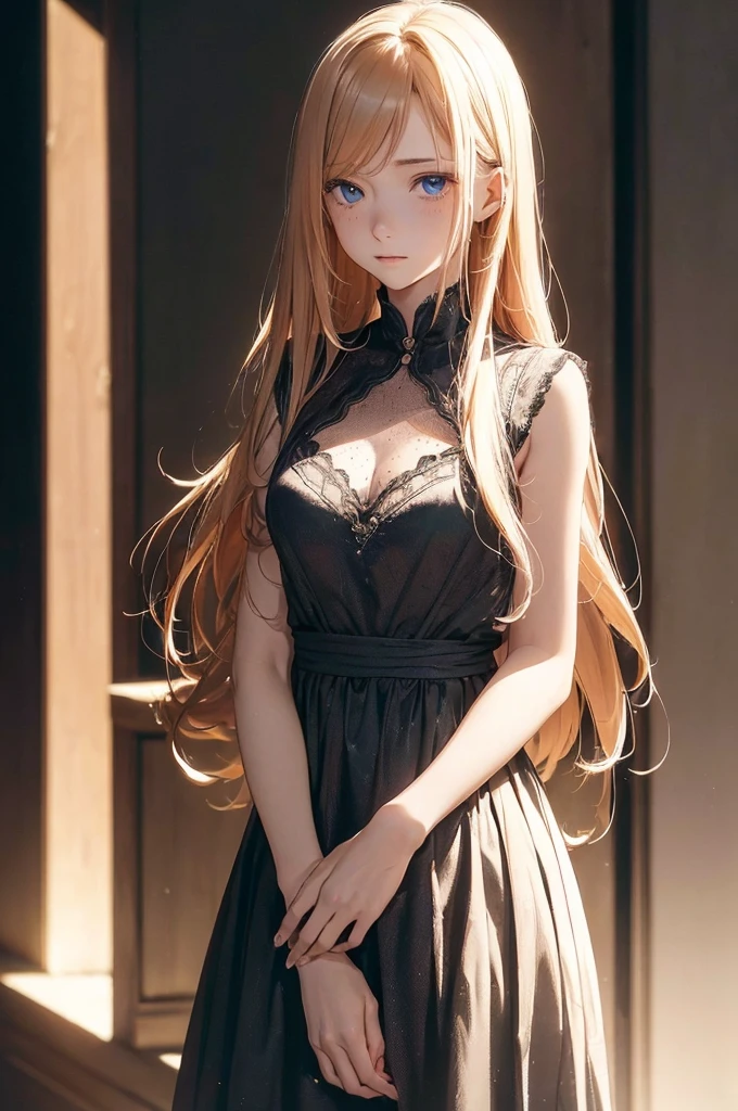 ((1 Female, 1 person, Solitary) Alice, Humanity, Long curly blond hair, blue eyes, freckle, teenager, 18 years, Rebirth_ongoing) (Main Part, Super detailed, 8K, (HD, Sunlight:0.5, Soft_shadow:0.5, atmosphere_light, 8K, 4K, Surrealism, elegant, ((((Appearance)))), Soft Ton, 柔和的light))(((Dark, Chiaroscuro)))
