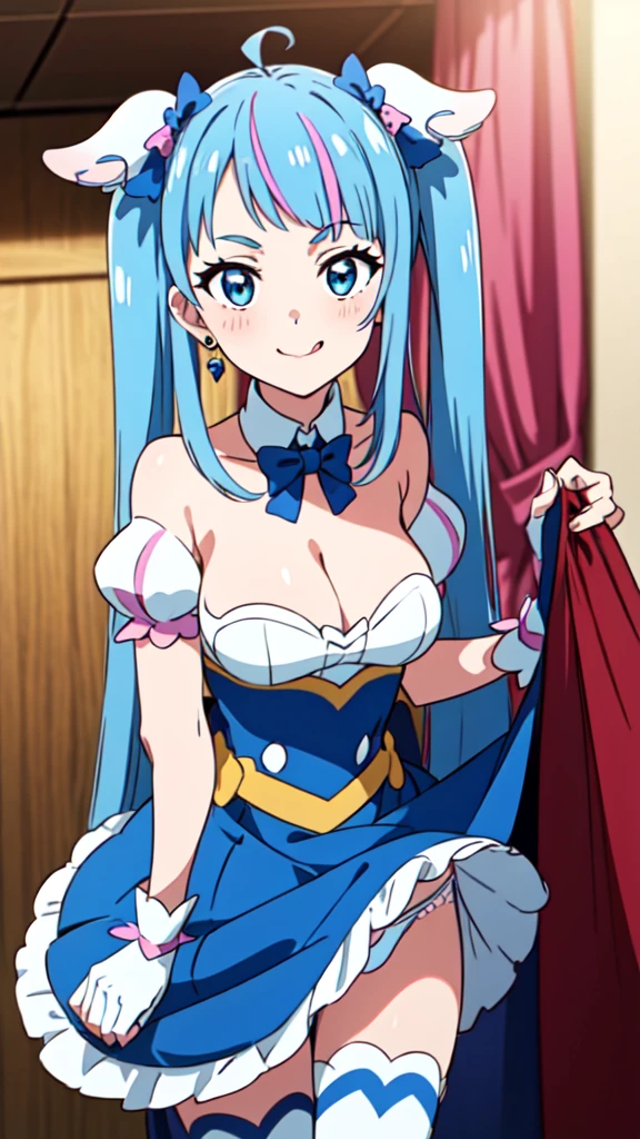 Cure Sky, dress, Twin tails, Gradient Hair, Ahoge, Blunt bangs, Wings on the head, Fingerless gloves, White shirt, Puffy sleeves, Cape, Knee socks, blue legwear, gem, Single earring, One girl, alone, Upper Body, In-person audience, (View your viewers:1.5), in the center, smile,Open your mouth wide、stick out a long tongue from the mouth、Big Breasts、Cleavage、Pull up your skirt and show your panties、Sexy Panties、
