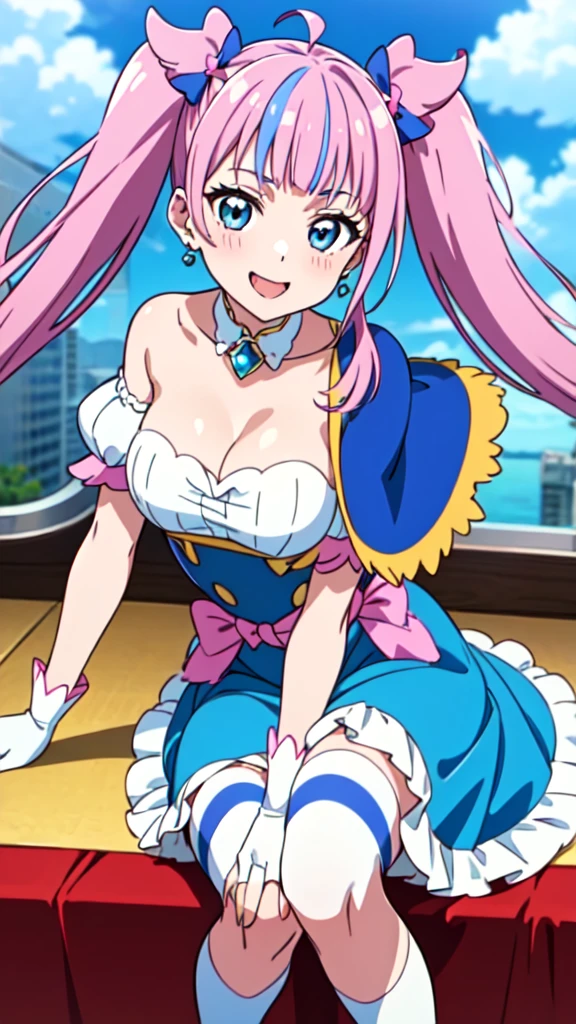 Cure Sky, dress, Twin tails, Gradient Hair, Ahoge, Blunt bangs, Wings on the head, Fingerless gloves, White shirt, Puffy sleeves, Cape, Knee socks, blue legwear, gem, Single earring, One girl, alone, Upper Body, In-person audience, (View your viewers:1.5), in the center, smile,Open your mouth wide、stick out a long tongue from the mouth、Big Breasts、Cleavage、Pull up your skirt and show your panties、Sexy Panties、
