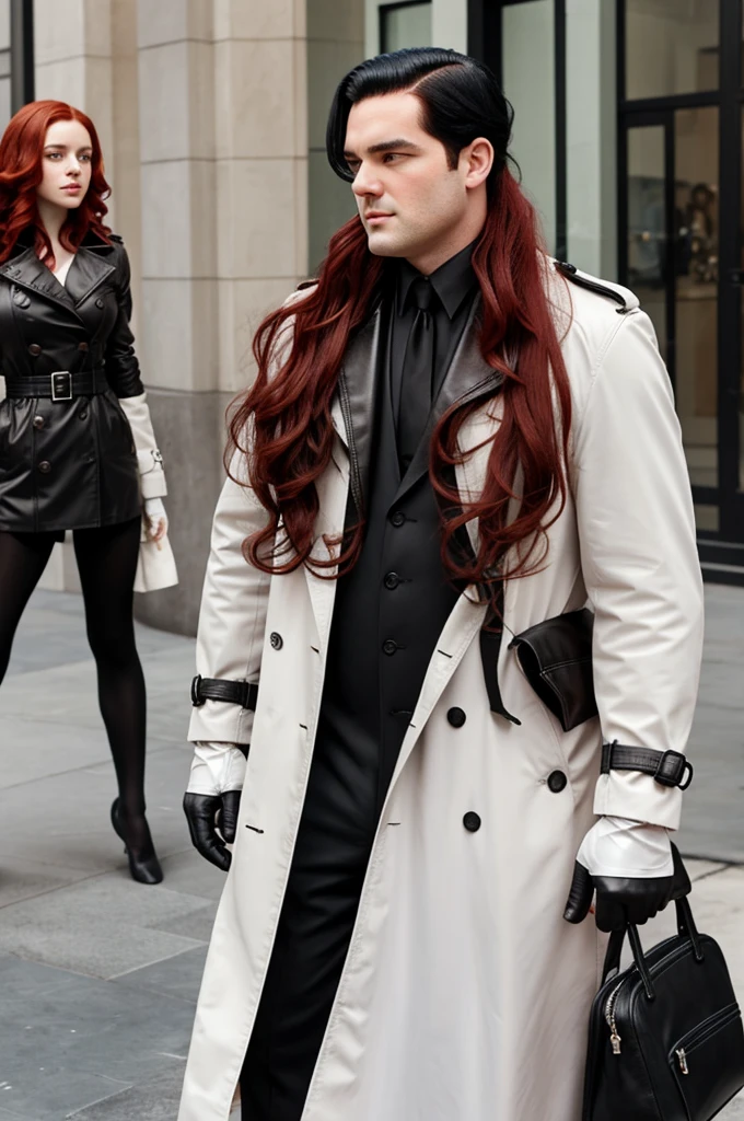 white skinned man, wavy black hair, 1.90, muscular, with trench coat and leather gloves.
Next to a fat girl, with red hair and white skin with freckles on her cheeks, 1.60, and a ballet dress