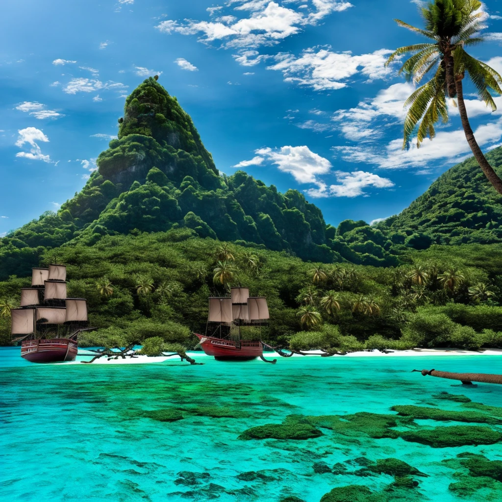 (masterpiece:1.2), (Best quality,:1.2), 8 k, HDR, ultra detailed, ((Photorealistic)), Ideal Anatomy, professional light, Cinematic lighting, fashion photography, ambient lighting,Worst, tropical island with pirate ship, anchored in the bay, in the Caribbean, epiCPhoto