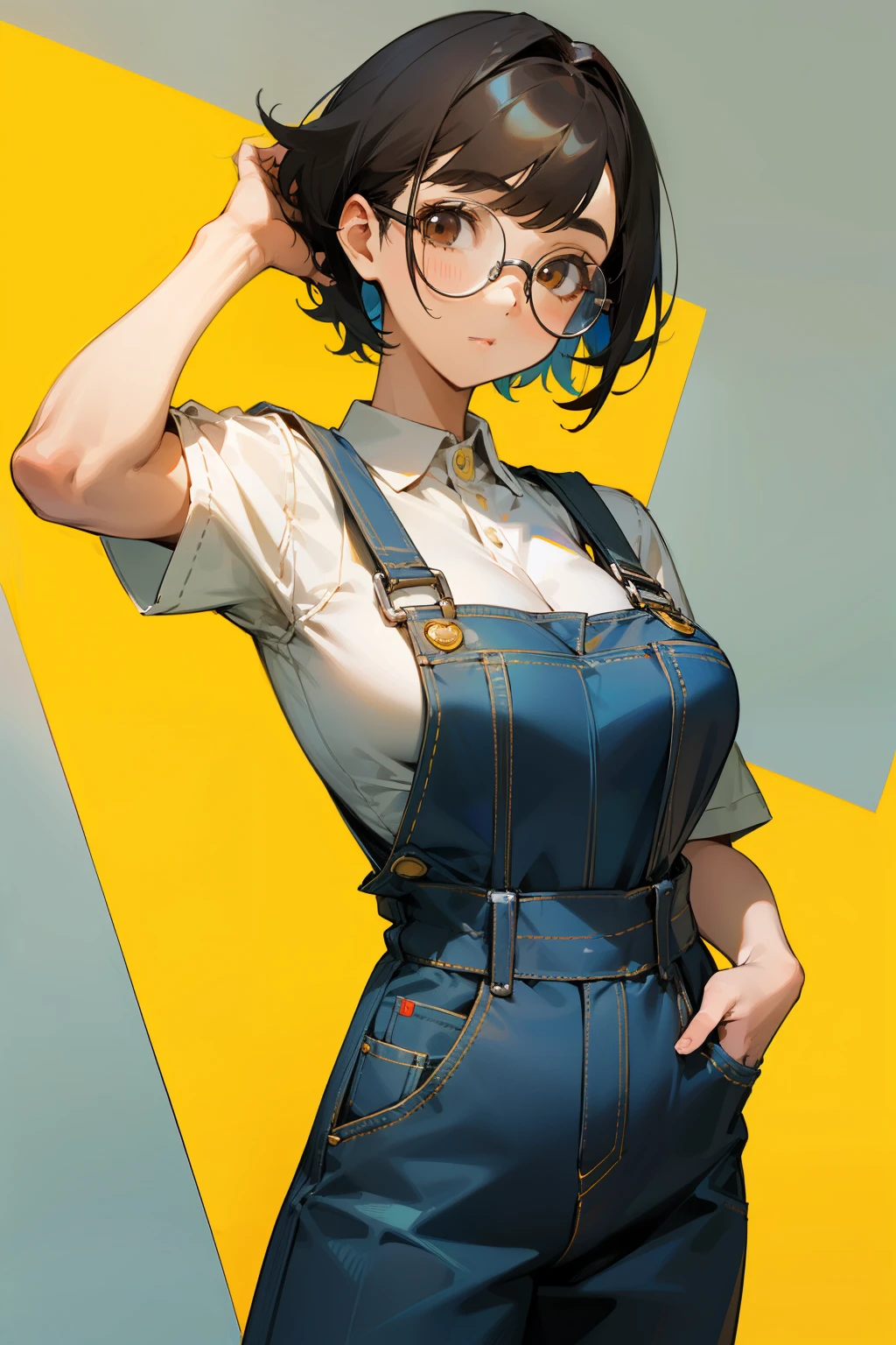 Cute girl, yellow skin, short black hair, brown eyes, eyes protected by silver glasses frames, wearing a blue overalls with a front pocket, big breasts,