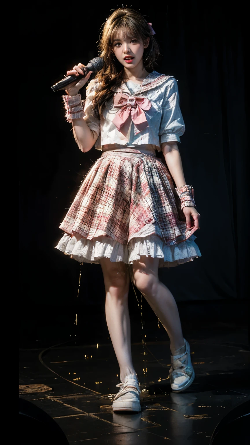 (realistic, photorealistic:1.4), (masterpiece, best quality:1.2), RAW photo, high resolution, intricate details, extremely detailed, (full body, looking at viewer:1.8), solo, 1girl, a Japanese female idol,  (idol costume, cyb skirt, cyb shirt, plaid skirt, idol, wrist cuffs, bow, sailor collar, frilled skirt, frills), straight hair, dark hair, fine-textured skin, pale skin, (detailed face, detailed eyes),, (standing with spread legs apart on the stage), stage lighting, stage spotlight, audience, intricate background, photo background,
(peeing self,urination:1.4),(humiliation), 
desperate for peeing, wetting her clothes, pee runing down her legs, pee desperation pose, pee desperate face, big urine puddle,