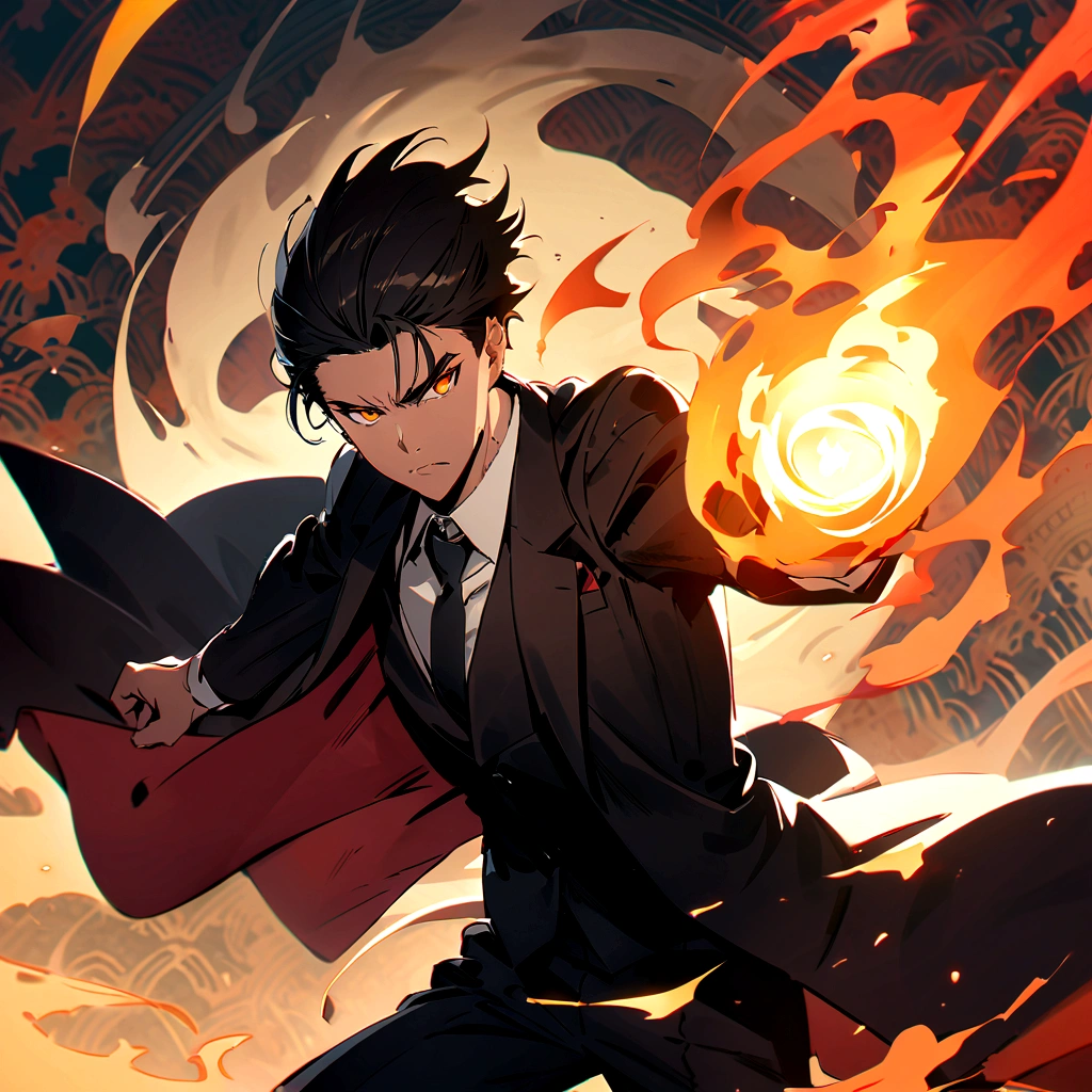 (best quality), oriental detailed background, one man wearing a black suit has flame power