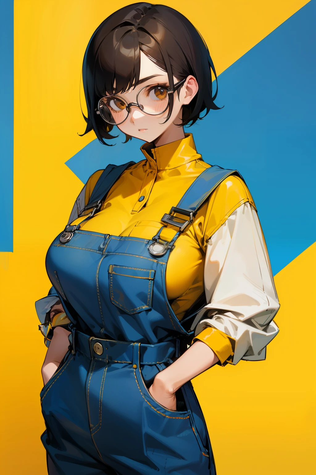 Cute girl, yellow skin, short black hair, brown eyes, eyes protected by silver glasses frames, wearing a blue overalls with a front pocket, big breasts,