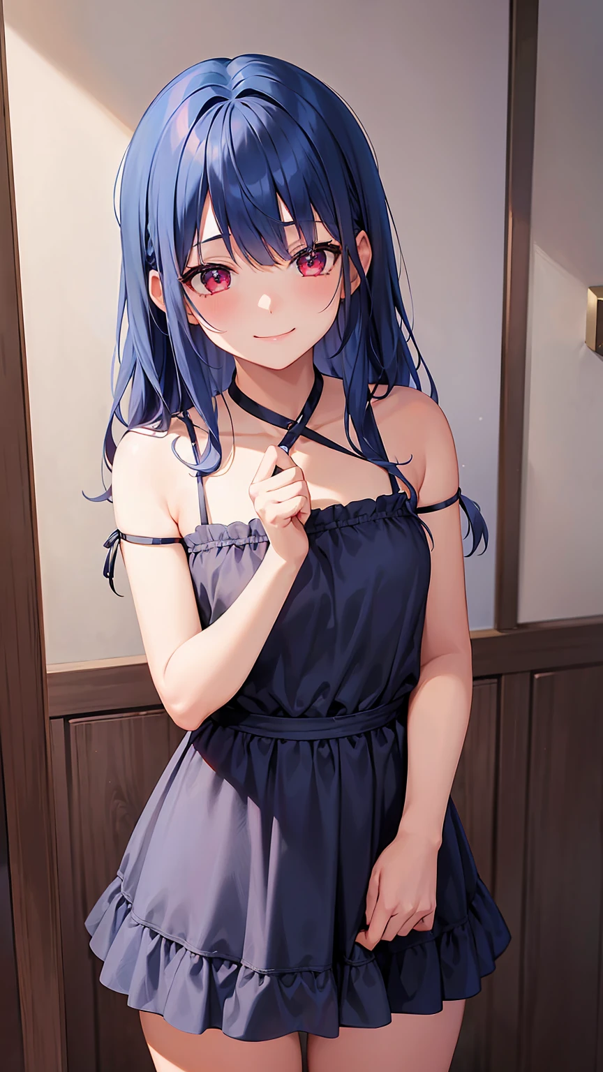 Girl1,cowboy shot,blue hair,red eyes,parted bangs,(Sleeping dress,background in the room),((smile,Shy,embarrassment)),HD,highly detailed