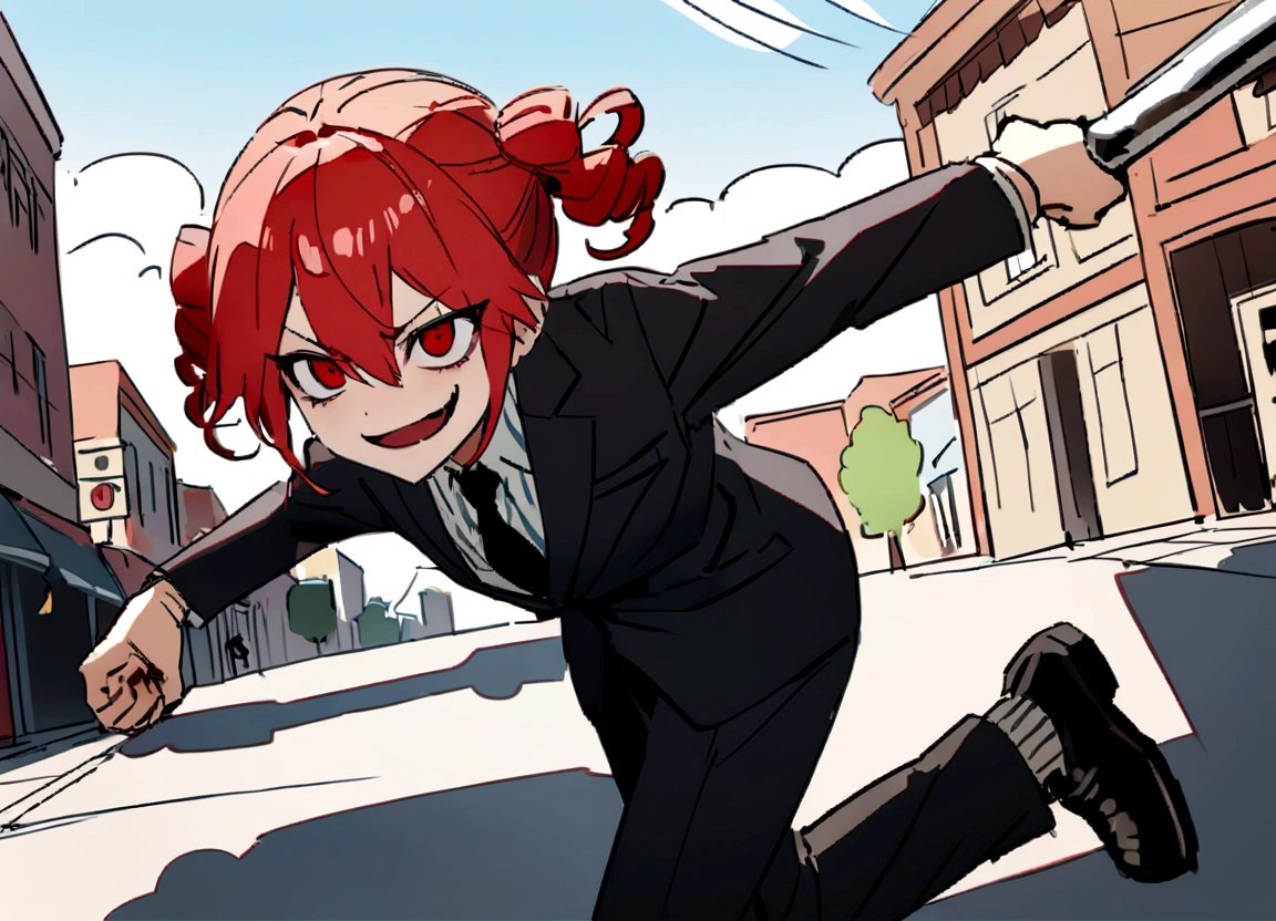 Red hair、Black suit、Black slacks、Wearing leather shoes、swinging a long silver metal baseball bat、Scary smile、In town、noon