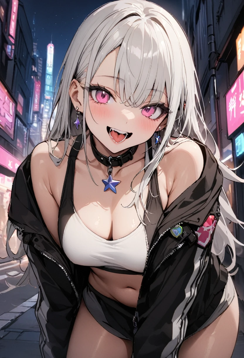 (masterpiece:1.2)、Highest quality、PIXIV、Rebellious girl、One girl、Open your mouth、鋭いteeth、teeth、Long Hair、Street background、gem、badge、ボタンbadge、Food、Pink Eyes、Earrings、Jacket、eyelash、Foodを下にして、star (symbol)、Upper Body、Characters in clothes、zipper、collar、cable、chain、tongue、Stickers、hoodie、smile、spike、Focus on the viewer、長いtongue、Chest in the center、Shoulder Bare、Belly button、Black and white hair color,leaning forward,Cyberpunk city,Night view,Black and white grey outfit,fallatio,Absolute area,1boy,Sports Bra