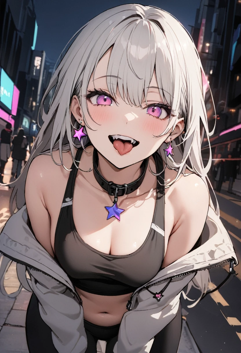 (masterpiece:1.2)、Highest quality、PIXIV、Rebellious girl、One girl、Open your mouth、鋭いteeth、teeth、Long Hair、Street background、gem、badge、ボタンbadge、Food、Pink Eyes、Earrings、Jacket、eyelash、Foodを下にして、star (symbol)、Upper Body、Characters in clothes、zipper、collar、cable、chain、tongue、Stickers、hoodie、smile、spike、Focus on the viewer、長いtongue、Chest in the center、Shoulder Bare、Belly button、Black and white hair color,leaning forward,Cyberpunk city,Night view,Black and white grey outfit,fallatio,Absolute area,1boy,Sports Bra