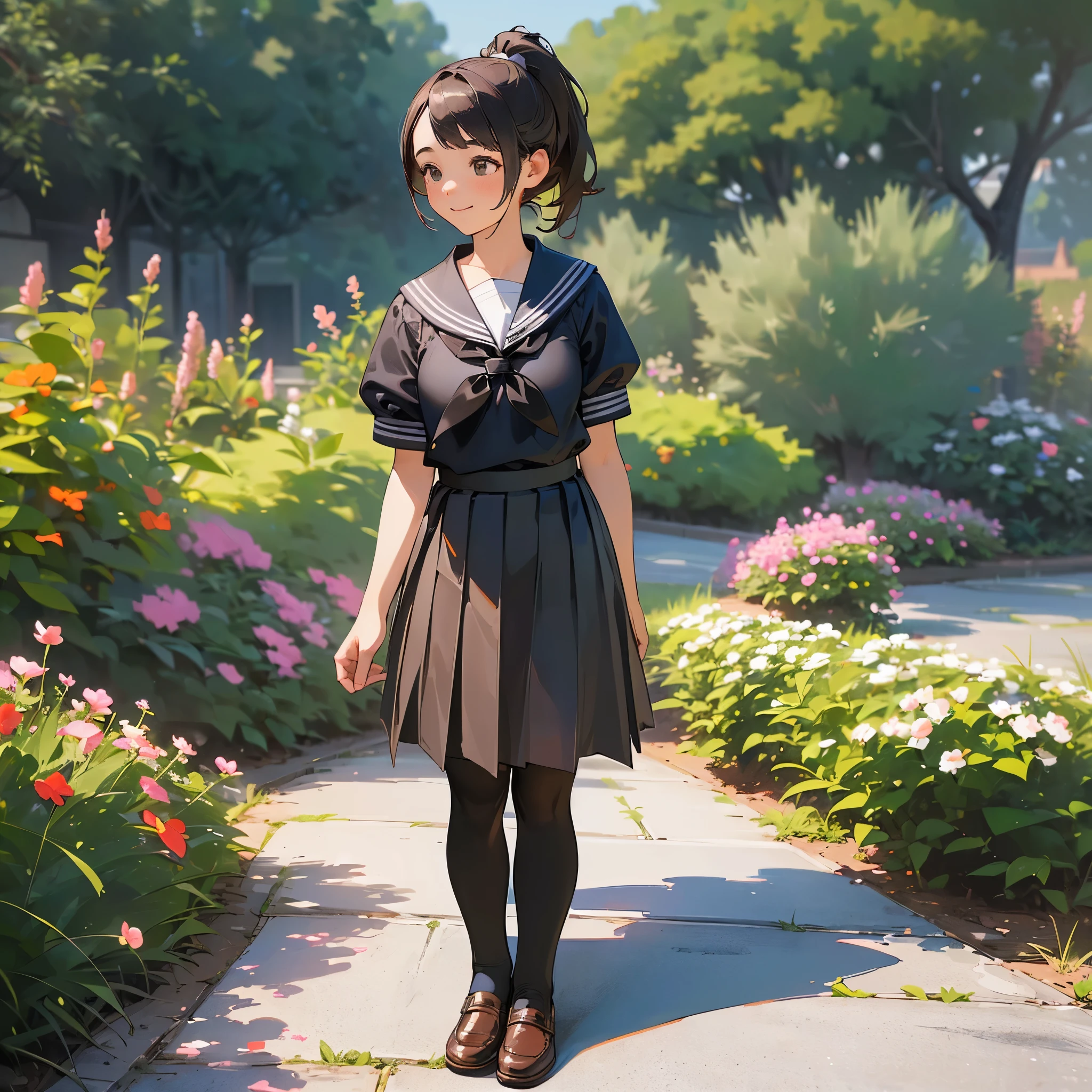 (Highest quality, High resolution, Very detailed, Realistic:1.37), Peaceful atmosphere, (Outdoor, garden), Teenage girl standing alone, Beautiful and detailed features, Cute Smile, ((Black ponytail)),Short-sleeved sailor uniform, Pleated skirt,Black tights,Brown leather shoes.