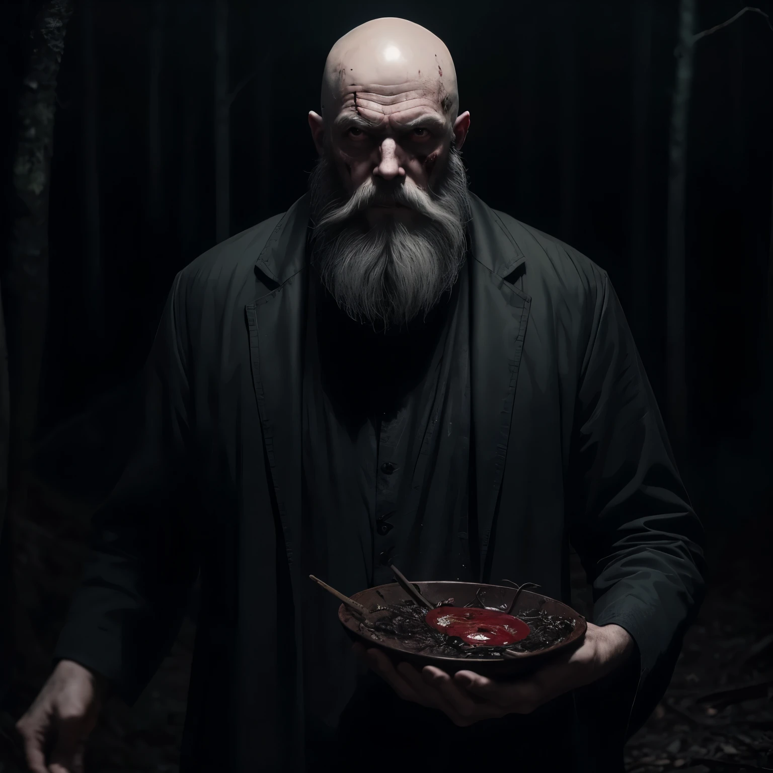 bald thin elderly man with a long white beard and dirty closed eyes in the middle of a dense forest at night, portraite, dark scenery, horror style, nightmarish, macabre dinner, horror film, scared character, twisted and otherworldly forest, blood-stained character, moonless night, desolate and destroyed place, apocalypto