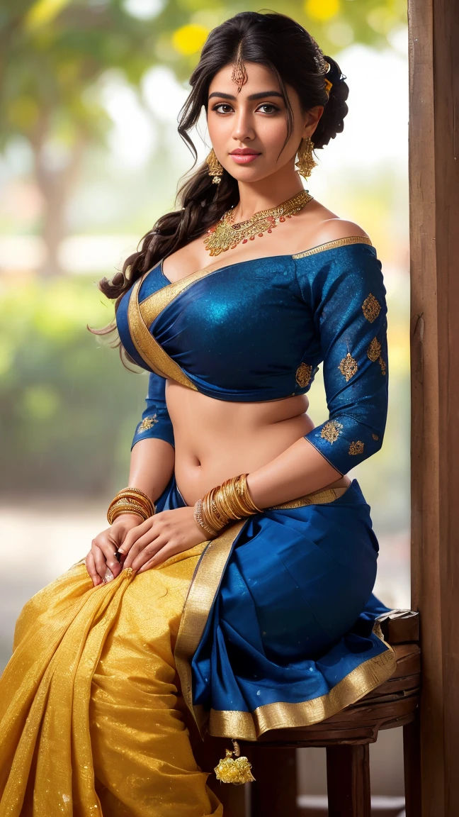 wear Saree, full body covered, a bindi on the center of the forehead, gorgeous royal temple, jewelry, gem, necklace, gold bracelet, anklets, thick lips, hands on lips, skindentation, parted lips, (detailed eyes), (seductive pose), ulzzang-6500-v1.1, (large breast:1.2), , thick eyelashes, long eyelashes, random hairstyles, full body photo, 25 year Indian girl, curvy, feminine curves, super sexy, feminine curves, medium soft breasts, big ass, full body photo, HDR, shallow depth of field, broad light, backlighting, bloom, light sparkles, chromatic aberration, dynamic pose, sharp focus, Nikon Z 85mm, unparalleled masterpiece, ultra-realistic 8k photos, best quality masterpiece, best quality, (photorealistic:1.2), (realistic:1.5), (hyperrealistic:1.2), uhd, shot from random directions