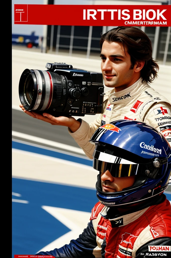 The cover of a book where he is a formula 1 driver and she is a cameraman and painter