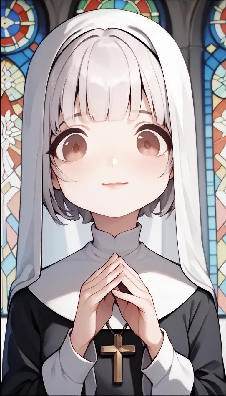 score_9, score_8_up, score_7_up, score_6_up, score_5_up, score_4_up, beautiful and cute nun, long face, wearing pure white monastery uniform, silver bob cut, blunt bangs, pink cheeks, droopy brown eyes, background monastery with stained glass