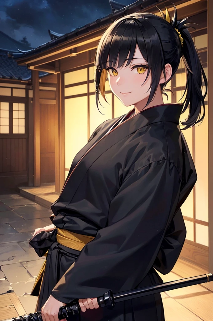 (masterpiece; best quality: 1.2), (finely detailed eyes: 1.3), ((1 male)), ((solo)), (yellow eyes: 1.4), (masculine; lean: 1.3), (short black hair in low ponytail: 1.3), (beautiful and clear background: 1.2), (extremely detailed CG + ultra-detailed + best shadow: 1.1), ((depth of field)), (clothes: all-black ronin hakama + all-black ronin kimono: 1.3), (anime illustration: 1.2), (background; old japanese mansion exterior+ night: 1.1), (extremely fine and handsome: 1.1), (shot composition; standing + close-up: 1.5), (expression; calm, smile: 1.2)