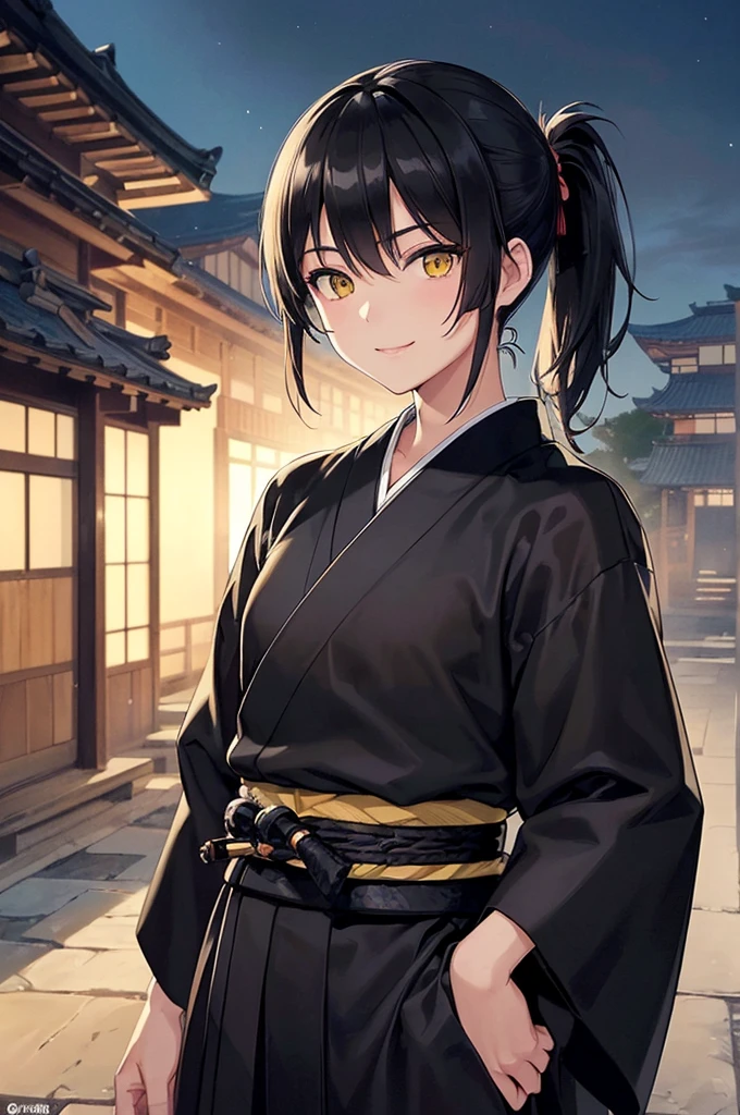 (masterpiece; best quality: 1.2), (finely detailed eyes: 1.3), ((1 male)), ((solo)), (yellow eyes: 1.4), (masculine; lean: 1.3), (short black hair in low ponytail: 1.3), (beautiful and clear background: 1.2), (extremely detailed CG + ultra-detailed + best shadow: 1.1), ((depth of field)), (clothes: all-black ronin hakama + all-black ronin kimono: 1.3), (anime illustration: 1.2), (background; old japanese mansion exterior+ night: 1.1), (extremely fine and handsome: 1.1), (shot composition; standing + close-up: 1.5), (expression; calm, smile: 1.2)