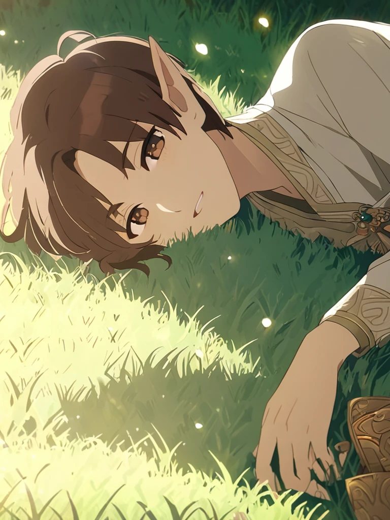 1man, lazy, elven, brown god, brown hair, cute short hairstyle, glowing brown eyes, grass field, royal, elegant, traditional thai costume,