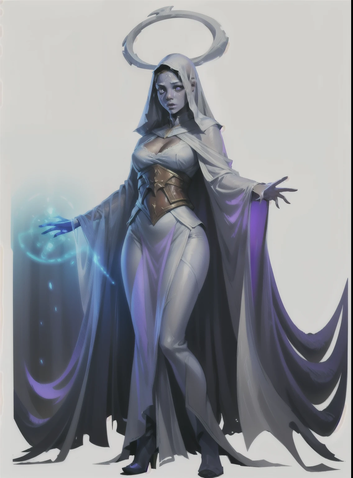 I want a character with a white background, png, full body image, a specter, ghostly and sexy, but translucent and with cloth clothes, as well as lasers around her
