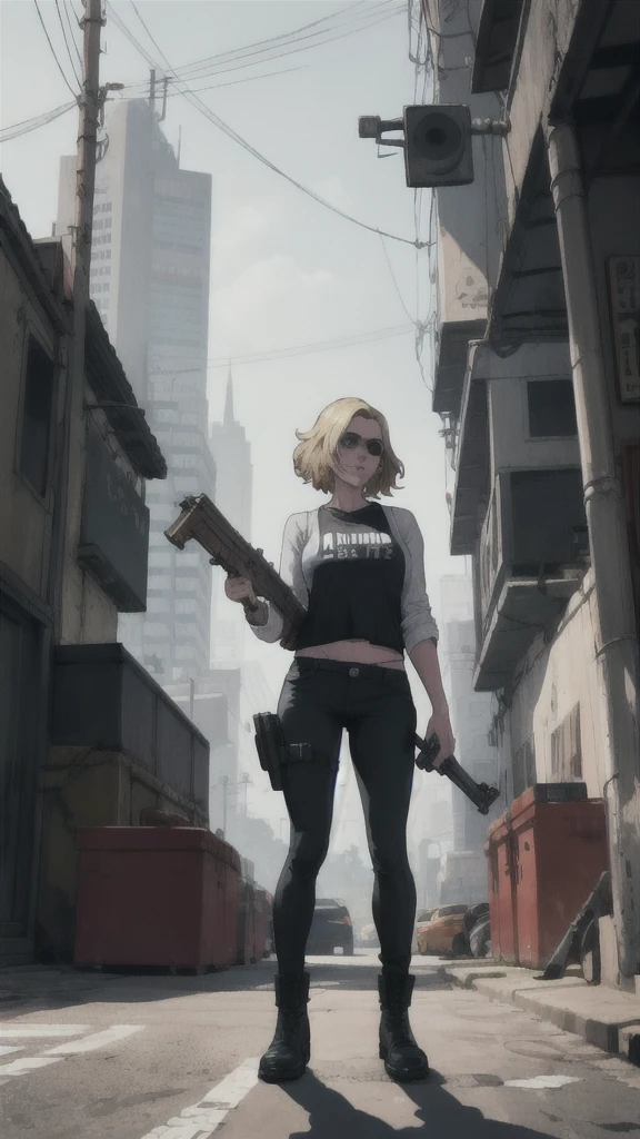 GTAV Loading Screen 2D Graphics, wide angle, whole body, blonde girl standing , holding a machine gun and shooting, GTA5 character, cinematographic composition, in front of a city, shadow, bright cinematic lighting, soft contrast, GTA5 loading screen, gta art, 4K Wallpaper, 4K Wallpaper, high quality 4k wallpaper, gta loading screen graphics, arte the fan, art of rockstar games