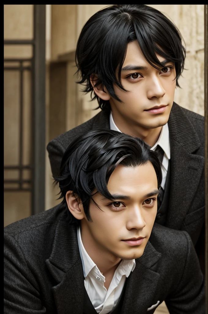 bungo stray dog character with medium straight black hair and brown eyes