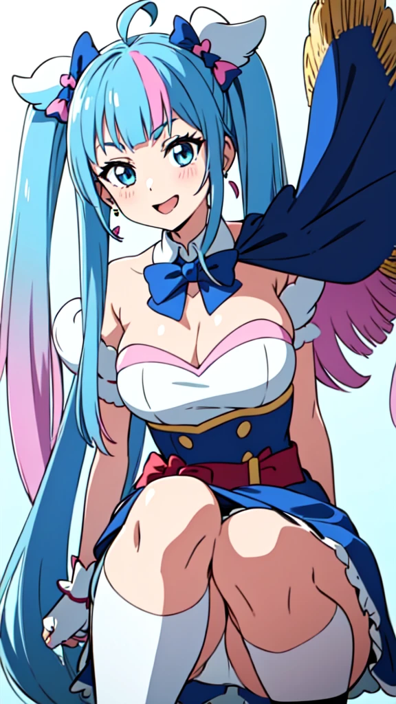 Cure Sky, dress, Twin tails, Gradient Hair, Ahoge, Blunt bangs, Wings on the head, Fingerless gloves, White shirt, Puffy sleeves, Cape, Knee socks, blue legwear, gem, Single earring, One girl, alone, Upper Body, In-person audience, (View your viewers:1.5), in the center, smile,Open your mouth wide、stick out a long tongue from the mouth、Big Breasts、Cleavage、She rolls up her skirt to show her panties、Sexy white panties、Her white panties are in full view、
