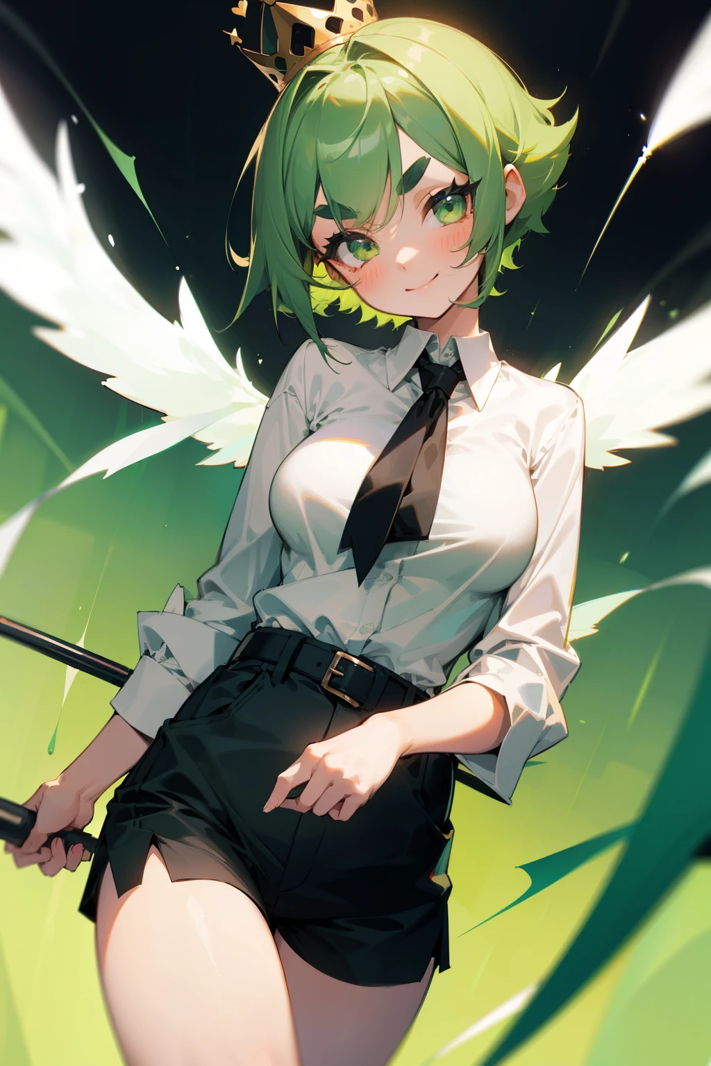 Cute girl, short green hair, green eyes, wide black eyebrows, smile, small crown, magic wand, white shirt, black tie, black shorts, black belt, fly wings, big breasts