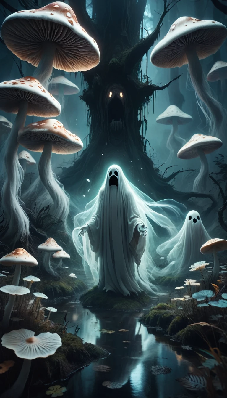 Calm colors, Hundreds of ghosts, Ghost Style, Dark and creepy (Haunted:1.4) Swamp with giant mushrooms (hundreds of Haunted ghosts roam:1.2). Dreamy illustration, Surreal fantasy, Victor Ngai and Makoto Shinkai